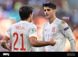 Spain's Alvaro Morata reacts with Spain's Mikel Oyarzabal after Moratta  scored his side's fourth goal during the Euro 2020 soccer championship  round of 16 match between Croatia and Spain at the Parken