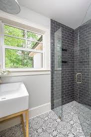 Shop our vibrant range of over 2,000 mosaic tiles, available in porcelain, ceramic, glass & a spectrum of colours to bring life to kitchens, bathrooms & more. Zero Level Shower With Black And White Mosaic Tiles Transitional Bathroom