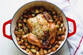 4) arrange the chicken in the baking dish around the potatoes and bake for about 1 hour to 1 hour and 10 minutes. Whole Roast Chicken With Potatoes