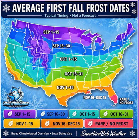 ❄️ When does your area typically see its first fall frost? This map gives a broad climatological overview of the average timing across the United States—from early September in portions of the