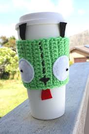 Gir Inspired Coffee Travel Mug Cup Cozy From Invader Zim Eco Friendly Crochet Knit Sleeve Must Mak Crochet Mug Cozy Crochet Cup Cozy Crochet Coffee Cozy