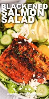 Blackened Salmon Salad Is Perfect For Lunch Out On The Patio Blackened Salmon With Fresh Greens Avocado In 2021 Salmon Salad Recipes Salmon Salad Ceasar Salad Recipe