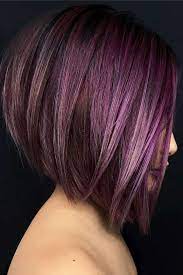 Middle Parted Straight Medium Purple Bob Bobhaircut Stackedbob Haircuts Bobs For Thin Hair Stacked Bob Haircut Hair Styles