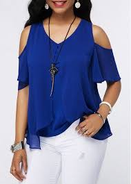 We make the most beautiful essentials, at the. Cold Shoulder Chiffon Overlay Royal Blue Blouse Fashion Tops Fashion Outfits Trending Fashion Outfits