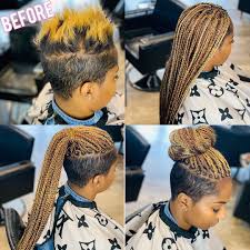 Square pattern with man bun. Reda On Instagram Box Braids On Short Hair Atl Atlanta Atlhairstylist Atlantahairs Braids With Shaved Sides Braids For Short Hair Shaved Side Hairstyles
