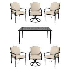 Check spelling or type a new query. Hampton Bay Laurel Oaks 7 Piece Brown Steel Outdoor Patio Dining Set With Standard Putty Tan Cushions 525 0200 000 The Home Depot