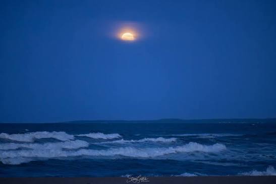 Full Blue Moon magic over the ocean with a fisherman and his dog