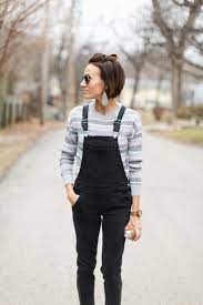 Overalls Sweater Vans Leather Earrings Spring Outfit Short Hair Overalls Womens Fashion Casual Winter Short Hair Outfits