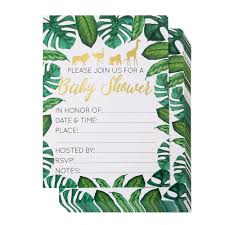 We have found some truly wonderful sources for popular baby shower supplies! Tropical Safari Animal Theme 36 Fill In Baby Shower Invitations W Envelopes 5 X 7 Inches Green Palm Leaves With Gold Foil Designs Baby Shower Invites Party Supplies For Baby Showers Or Parties