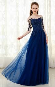 New Design A Line Tulle Scoop Lace Bead Applique Navy Blue Prom Dress Half Sleeve Long Evening Dress Half Sleeve Dresses Prom Dresses Blue Orange Prom Dresses