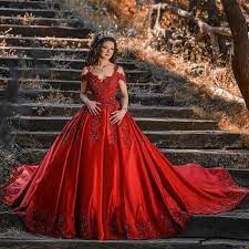 Ball Gown Red Wedding Dresses Off The Shoulder Neckline Luxury Lace Appliqued Bridal Gowns Robe De Mariage Red Wedding Dresses Dresses Ball Gowns