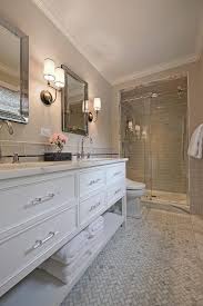 This white double sink bathroom vanity includes a couple of drawers each for storage so that you double sink bathroom vanity cabinets are often mounted one above the other with space left for. Gray Powder Room With Shiplap Trim Transitional Bathroom