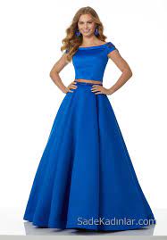 2020 Abiye Ve Gece Elbiseleri Sik Abiye Modelleri Saks Mavisi Uzun Saten Kayik Yaka Iki Parca Kiyafet Kombinleri The Dress Resmi Elbise Elbise