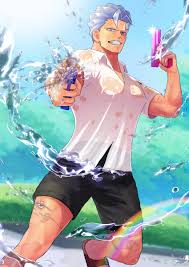 andy (undead unluck), undead unluck, absurdres, highres, 1boy, bara, black  shorts, collared shirt, dual wielding, feet out of frame, grey hair, grin,  holding, holding water gun, large pectorals, looking at viewer, male