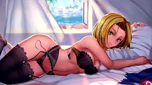 Sexy blonde in stockings Android 18 seduces naked body in the bedroom