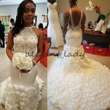 Stunning African 3d Flowers Mermaid Wedding Dresses 2018 Back Pearls Beaded Lace Top Plus Size Latin Am Online Wedding Dress Bridal Gowns Mermaid Wedding Dress
