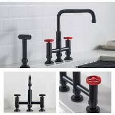 Kraus Urbix Industrial Bridge Kitchen Faucet With Side Sprayer Matte Black Red Kpf 3125mbrd Keats Castle
