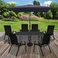Keter resin wicker patio furniture set with side table and outdoor chairs, whiskey brown. Table Chairs Set Outdoor Garden Patio Black Furniture Glass Table Parasol Base Ebay