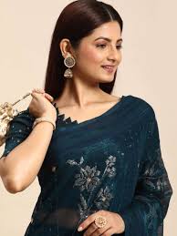 Buy Mitera Teal Floral Sequinned Silk Chiffon Saree - Sarees for Women  23725764 | Myntra