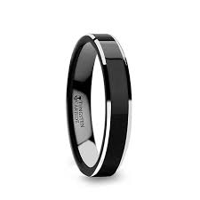 Valencia Women S Black Tungsten Ring With Polished Finish And White Tungsten Bevels 4 Mm Black Tungsten Rings Womens Tungsten Rings Tungsten Ring