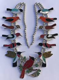 Vintage Zuni Hummingbird Song Birds Multi Stone Inlay Squash Blossom Necklace Feather Jewelry Squash Blossom Jewelry Squash Blossom Necklace