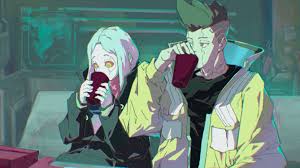 david martinez, rebecca (cyberpunk), cyberpunk (series), cyberpunk  edgerunners, absurdres, highres, 1boy, 1girl, artificial eye, black jacket,  black shirt, brown hair, colored sclera, colored skin, cup, drinking, green  eyes, green hair, indoors, jacket,