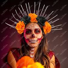 Diadema Catrina Corona Flores Aureola Plata Naranja Muertos