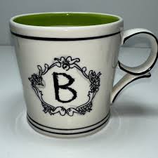 Katie Mandy Monogram Initial "B” Coffee Cup Mug Green White Striped Inside 