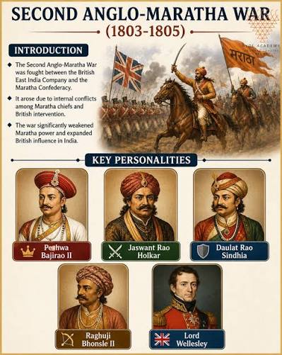 The Second Anglo-Maratha War (1803–1805) marked a decisive phase in British expansion in India. Triggered by Maratha internal rivalries and the Treaty of Bassein, the conflict weakened Maratha power and paved the
