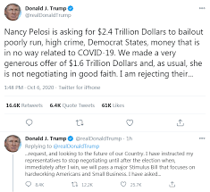 In Tweet Trump Calls Off Stimulus Negotiations News Talk Wbap Am