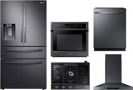 Just as interior decorators will use a dramatic piece to create a focal point for the living room, a black stainless steel appliance can. Samsung Sarectrhwodw327 5 Piece Kitchen Appliances Package With French Door Refrigerator And Dishwasher In Black Stainless Steel