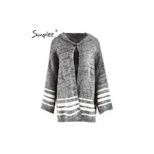 simplee hooded winter knitted sweater cardigan female flare sleeve loose striped jumper 2017 casual chic autumn sweater women color gray size one size