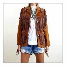 $ 58 $ 85 31% off. Brown Color Womens Western Style Bone Bead Patches Suede Leather Fringed Jacket Fringe Leather Jacket Leather Jackets Women Western Wear For Women