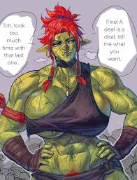 virgoart, original, commentary, english commentary, highres, ..., 1girl,  abs, black sclera, braid, breasts, colored sclera, colored skin, earrings,  english text, female orc, female pubic hair, green skin, grey eyes, hands  on own