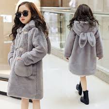 Children Faux Fur Coat 2018 New Style Winter Fashion Coat Pink Girls Long Coat Cotton Elegant Hooded Rabbit Earst Thick Coat Girls Long Coat Kids Winter Coats Kids Outerwear