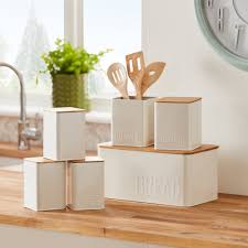 Anchor hocking ceramic canister set with clamped lid and wooden spoon, white, mixed sizes, set of 4. 15 00 For Six Piece Cream Kitchen Canister Set Cream And Brown Deal Direct Co Uk