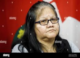 Cat Lake First Nation deputy chief Abigail Wesley pauses as she speaks to  media during a press conference at Queen's Park in Toronto