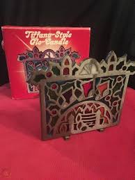 The sides are made with clear baroque glass and alternating purple and. Vtg Christmas Tiffany Style Glo Candle Holder Chimney Stained Glass Cast Iron 1841506223