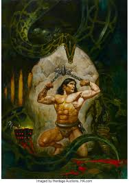 The background cover art features art from 11 previous covers by artists boris vallejo, wally wood, larry todd, vaughn bode, frank frazetta, jeff jones, bill hughes and sanjulian (manuel perez clemente). Sanjulian Manuel Perez Clemente The Scarlet Citadel Lot 92045 Heritage Auctions Comic Art Conan The Barbarian Dark Fantasy Art