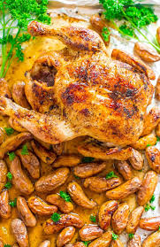 Sheet Pan Whole Roasted Chicken And Potatoes Averie Cooks Recipe Roasted Chicken And Potatoes Stuffed Whole Chicken Roasted Chicken