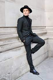 Suede can look great, but is generally a more causal option that reduces the formality of the look overall. Men S Black Suit Black Turtleneck Black Leather Chelsea Boots Black Wool Hat Black Suit Men Mens Fashion Casual Outfits Mens Outfits