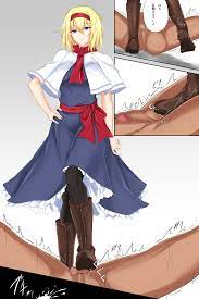 1boy absurdres alice margatroid ball crushing ballbusting bangs  black legwear blonde hair blue dress blue eyes boots brown footwear capelet  clothed female nude male cock and ball torture commentary