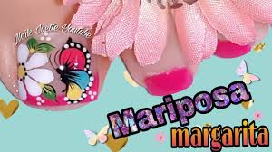 Uñas pintadas fáciles con lunares. Diseno De Unas Pie Margarita Y Mariposa Diseno De Unas En Tonos Rosa Youtube