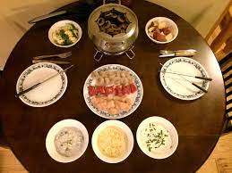 Fondue Cooking Broth With Meats Veggies Dipping Sauces Gf Recipe Cooking Broth Fondue Dinner Easy Fondue Recipes