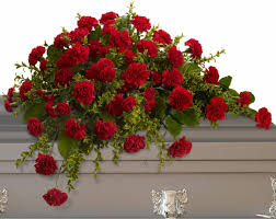 Richly red and vibrantly vivacious, this arrangement of captivating carnations is sure to steal any show! Red Carnation Casket Cover South Houston Funeral Delivery