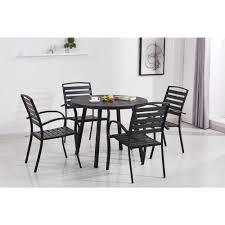 Modern Contemporary Black 5 Piece Metal Round Outdoor Dining Set With Slatted Faux Wood A Round Dining Table Sets Modern Outdoor Dining Stackable Dining Chairs
