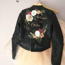 Hand Painted Design Faux Leather Jacket Custom Painted Etsy In 2021 Floral Leather Jacket Painted Clothes Jackets