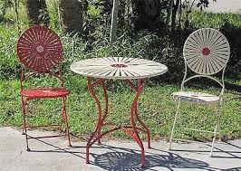 Rare Francois Carre Designed C1930 3pc Sunburst Folding Chair Bistro Set Nr Patio Furniture Pillows Metal Garden Furniture Set Decor