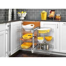 15 In Corner Cabinet Pull Out Chrome 3 Tier Wire Basket Organizer With Soft Close Slides Silver Metalli Blind Corner Cabinet Rev A Shelf Cabinet Organization