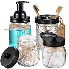 Perfect for adding a touch of rustic, farmhouse feel to your bathroom or kitchen. Mason Jar Bathroom Accessories Set 4 Pack Foaming Soap Dispenser 2 Qtip Holders Toothbrush Holder Rustic Farmhouse Decor Bathroom Organizer Apothecary Jar Country Countertop Black Modern Productions Llc